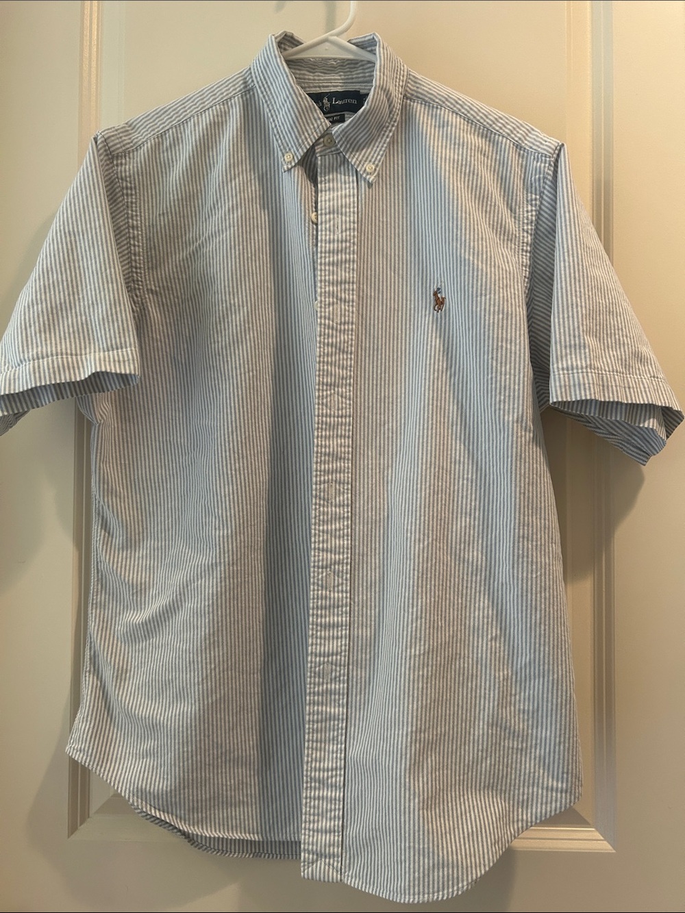 Ralph Lauren Classic Fit Short-Sleeve Oxford Shirt in Light Blue Stripe size L